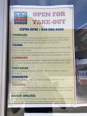 Covid-19 menu   at La Vegana Mexicana in Santa Ana