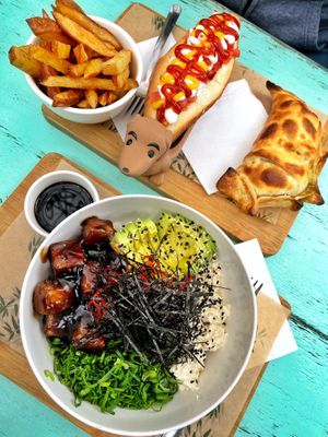 “Terinoko” bowl (10,900CLP), completo (4,000CLP) and empanada (3,800) - tan rico!!  at Desde la RAIZ in La Serena