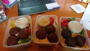 Meal Preps (aubergine balls and falafel) at Dynamite Raw Cafe in Bury