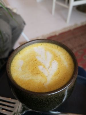 Warming turmeric latte at Passiflora in Seaton
