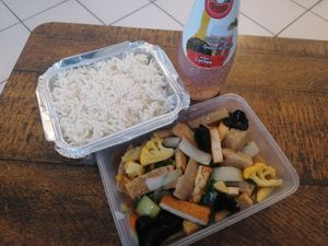 Tofu and vegetables in mushroom sauce, with rice at Khao Thip in Nancy