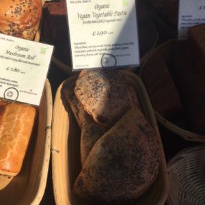 Organic vegan vegetable pasties for £1.90 each. I got two of them and they were damn good! at Farmers Market - Twickenham in South West London