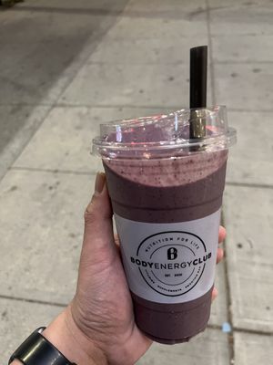 Blueberry Açaí smoothie with vegan protein powder   at Body Energy Club - Davie St in Vancouver