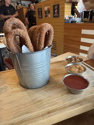 Las Tucitas - Mini Churros (10 per order) -  Vegan. Peanut Butter and Strawberry Jelly (vegan) and condensed milk dippings  at La Romántica in Puerto Vallarta