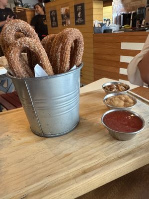 Las Tucitas - Mini Churros (10 per order) -  Vegan. Peanut Butter and Strawberry Jelly (vegan) and condensed milk dippings  at La Romántica in Puerto Vallarta
