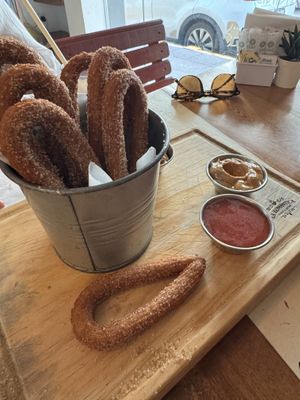 Las Tucitas - Mini Churros (10 per order) -  Vegan. Peanut Butter and Strawberry Jelly (vegan) and condensed milk dippings  at La Romántica in Puerto Vallarta