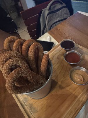 Las Tucitas - Mini Churros (10 per order) -  Vegan. Peanut Butter and Strawberry Jelly (vegan) and condensed milk dippings  at La Romántica in Puerto Vallarta