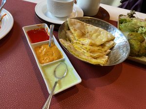 Aloo Paratha (only the red sauce is vegan!)  at Lal Qila in Munich