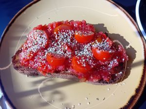 Tomato toast at Roots LaMarca in Madrid