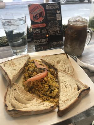 Vegan Tofu Scram and iced latte at Kudough's Donuts in San Juan