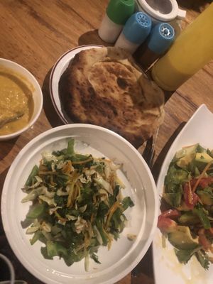 Indian Naan + Lentil Daal + avocado salad + spinach sauté (~12.000 TSH)  at Lukmaan in Zanzibar