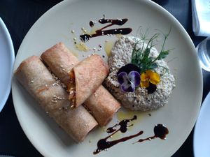 Spring rolls in buckwheat crust with sunflower seed dip at Vegessence in Belgrade