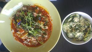 Cufte os spanaca sa povrcem. Krastavac salata at Vegessence in Belgrade