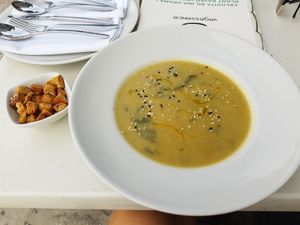 Zucchini and chard potage at Vegessence in Belgrade