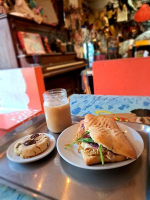 ciabatta sandwich + cookie + iced latte at Eva B Bistro & Bar in Montreal