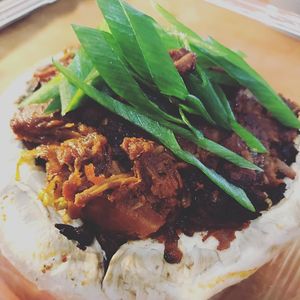 Korean bbq jackfruit stuffed mushroom, all ready to be banged in the oven for 20mins or so... to be served with kimchi and sesame and ginger steamed greens at Plants and Knives in Preston