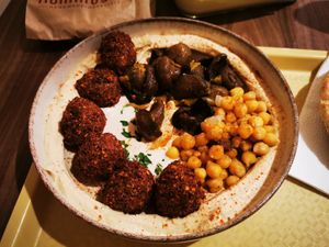 Mixed hummus with falafel, chickpea and mushroom at Hummus Bar - Buda in Budapest