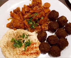 Hummus, spicy carrot salad and falafel at Hummus Bar - Buda in Budapest