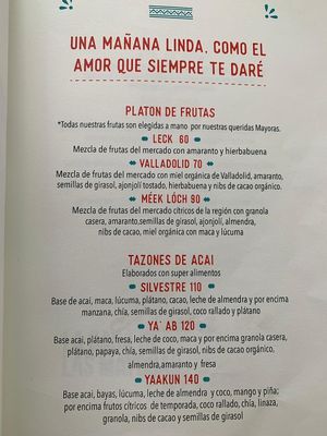 Menu at La Casa de las Mayoras in Cancun
