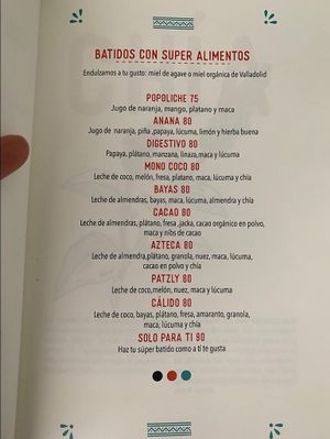 Menu smoothies at La Casa de las Mayoras in Cancun