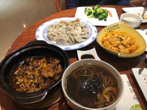 Eggplant, dumplings, broccoli, mapo tofu, udon at Su Ming Xiang in Qingdao