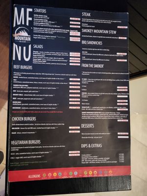 Menu at Smokey Mountain Bar & Grill in Bansko