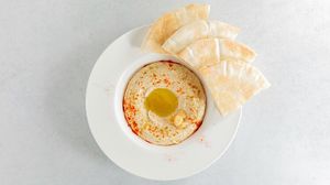 Hummus wite pita at Falafel Sababa in Osaka