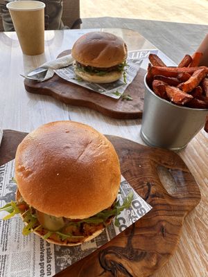 Joker Burger with sweet potato fries (vegan)   at Mundo's in Tenerife