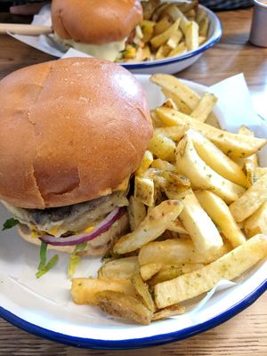 Beyond meat burger and chips at Honest Burgers in Brighton