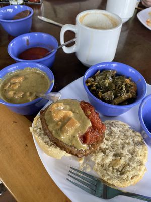 Collards, Vegan biscuit, sweet potato coconut curry, creole gravy (tomato sauce), veggie sausage, latte. I forgot to take this photo before I spooned some curry onto my biscuit  at Biscuit Head - Haywood in Asheville