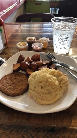 Vegan biscuit, veggie patty, home fries, and 4 types of jelly. at Biscuit Head in Greenville