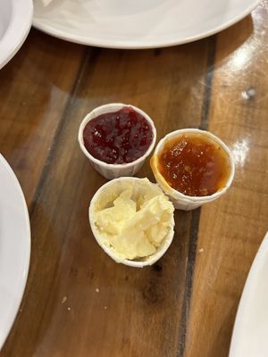 Sour Cherry and chili mango jam with vegan butter. All jams are vegan and the vegan butter is labeled!  at Biscuit Head in Greenville