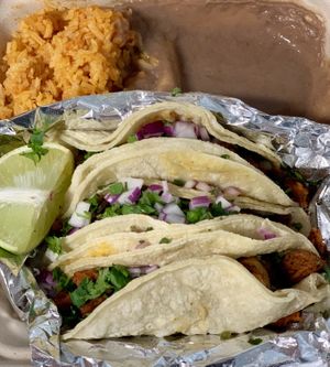 Tacos Al Pastor Plate. $10 pretty good price! The bean were a bit too runny for me though. at Veegos in Houston
