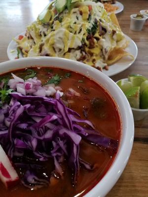 Pozole and loaded nachos at Veegos in Houston