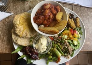 Smokey beans with savoury vegan scone   at Shepley's in Glossop
