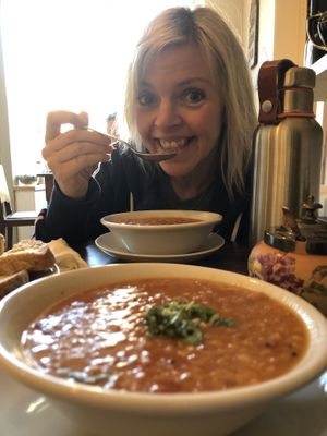 Delicious lentil and Harrissa soup. 😋 at Shepley's in Glossop