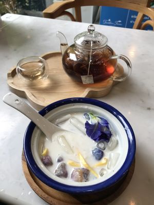 Coconut dessert and herbal tea  at Tonklar Facai - Chula in Bangkok
