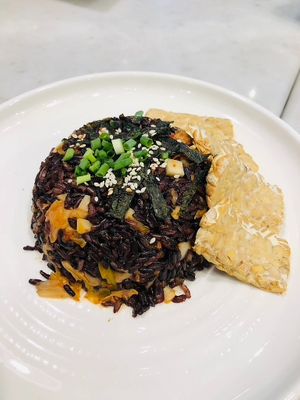 Kimchi fried rice with tempeh - good! at Tonklar Facai - Chula in Bangkok