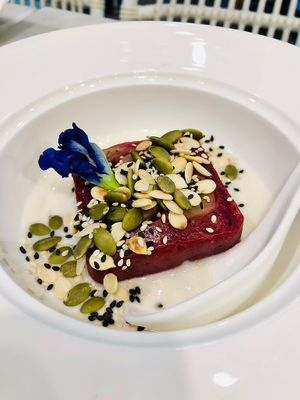 Pumpkin & carrot Thai style cake - a bit dense but good. at Tonklar Facai - Chula in Bangkok