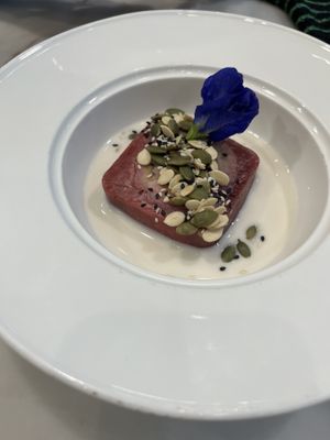 yummy dessert. steamed carrot-pumpkin cake  at Tonklar Facai - Chula in Bangkok