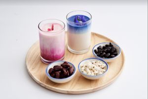 Rainbow Soy milk with whole grains.  at Tonklar Facai - Chula in Bangkok