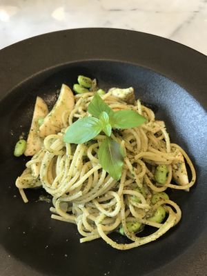 Pesto spaghetti at Tonklar Facai - Chula in Bangkok