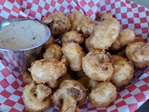 Battered mushrooms with horseradish sauce at Collision Brewing Company and Restaurant in Longmont