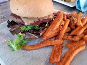 Impossible Burger with sweet potato fries and FYH pepper jack at Collision Brewing Company and Restaurant in Longmont