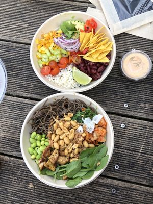 "soba 103" and "taco bout it" salad bowls at Veganika in Ljubljana