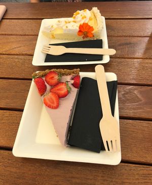 strawberry pie, passionfruit and mango pie at Veganika in Ljubljana