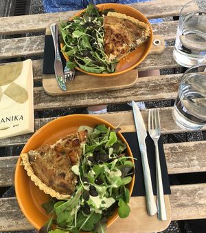 mushroom and caramelised apple quiche  at Veganika in Ljubljana