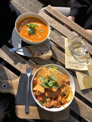 burrito bowl and carrot soup at Veganika in Ljubljana