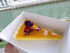 Coconut mango tart at Veganika in Ljubljana
