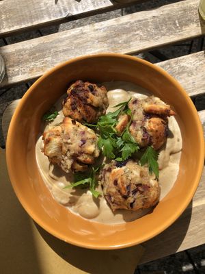 bread dumplings with mushroom sauce at Veganika in Ljubljana